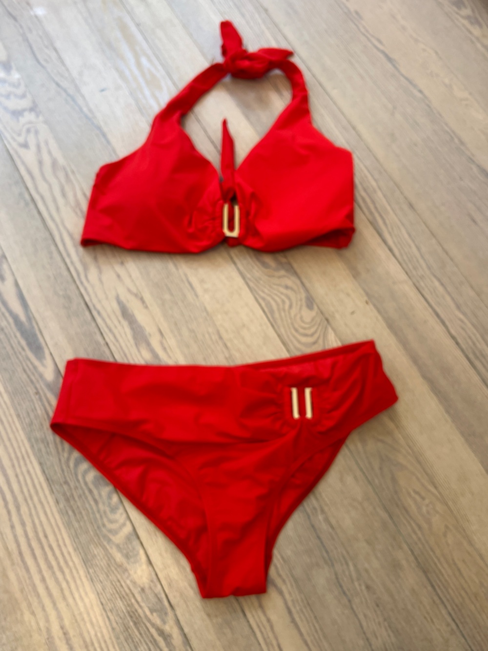 JETS Women’s Red Halter Bikini Set Gold Tone Hardware Two Piece Swimsuit Size 10